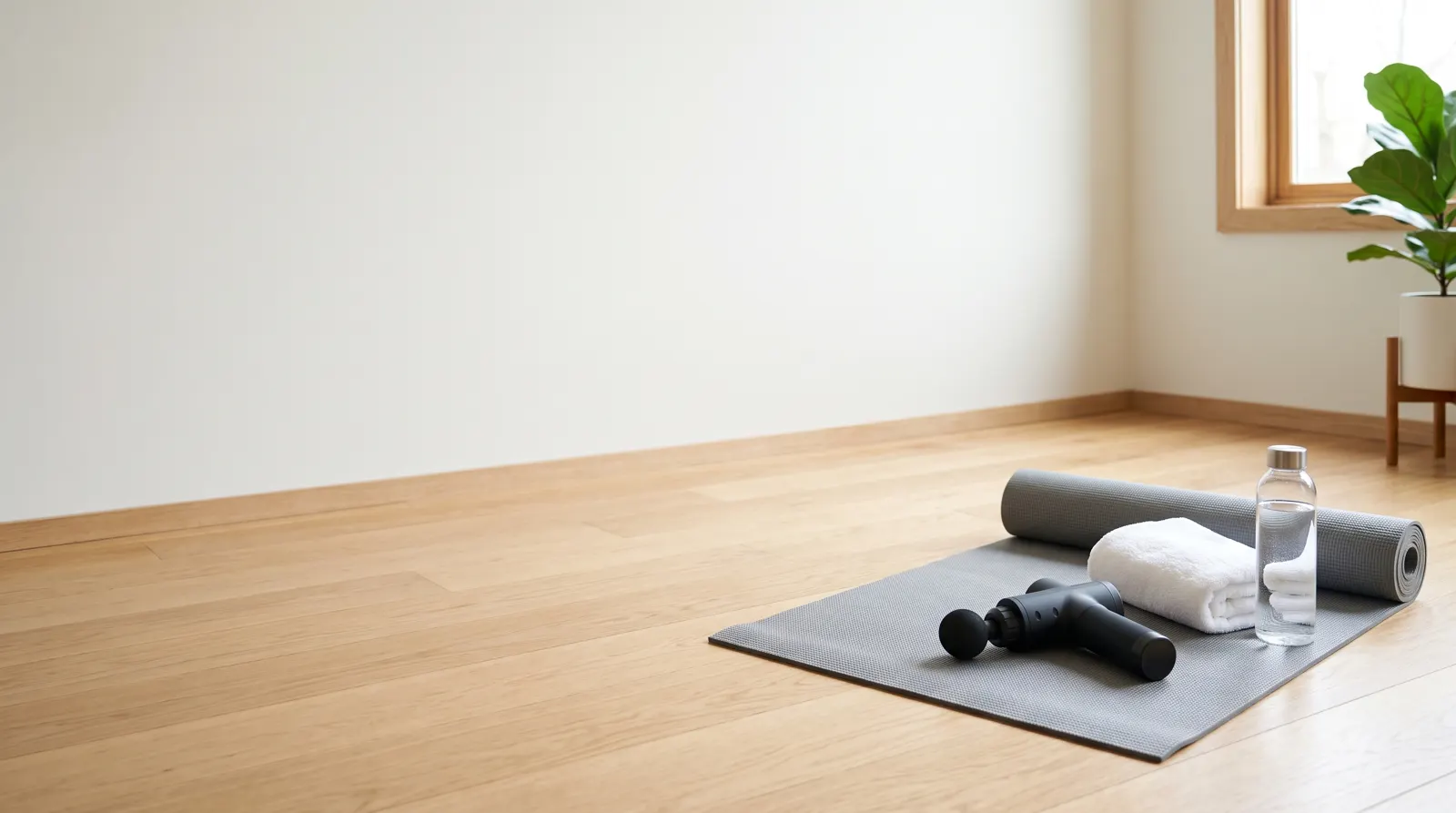 Schwarze Massagepistole auf einer Yogamatte neben Handtuch und Wasserflasche (Symbolbild)